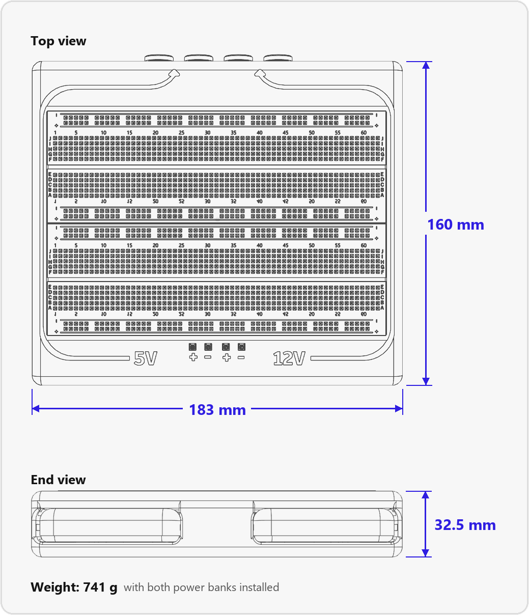 Enclosure dimensions: 183 mm wide and 160 mm tall in the top view, 32.5 mm deep in the end view. It weighs 741 g with both power banks installed.