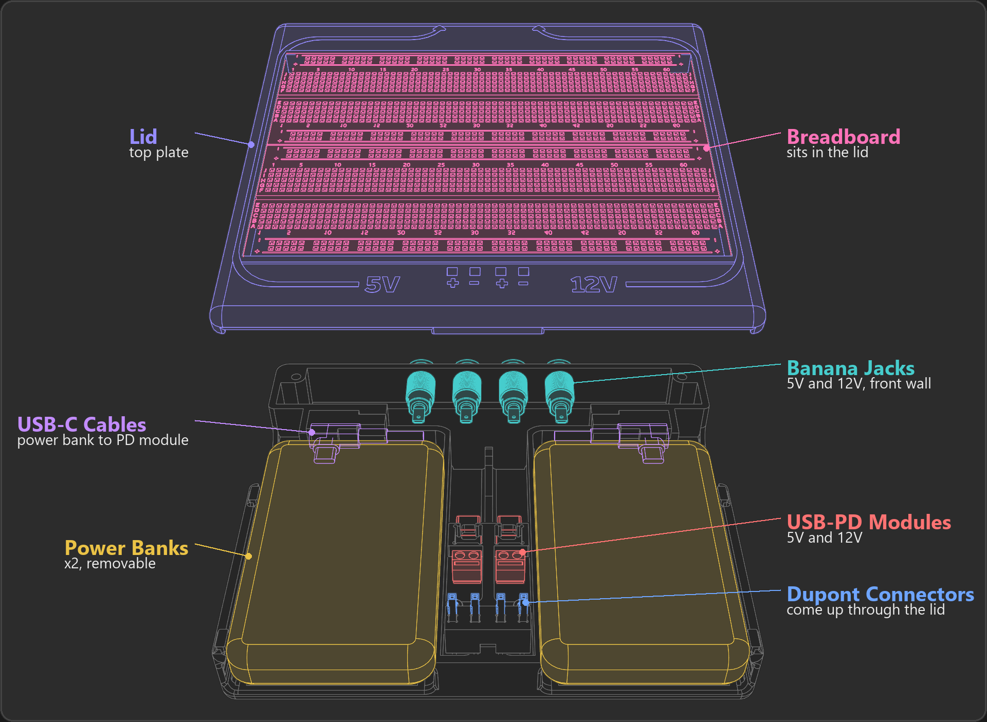 Layout of the Battery Breadboard with the lid lifted off: two power banks in the battery bays, USB-C cables to the USB-PD modules in the center channel, Dupont connectors that come up through the lid, banana jacks in the front wall, and the breadboard in the lid