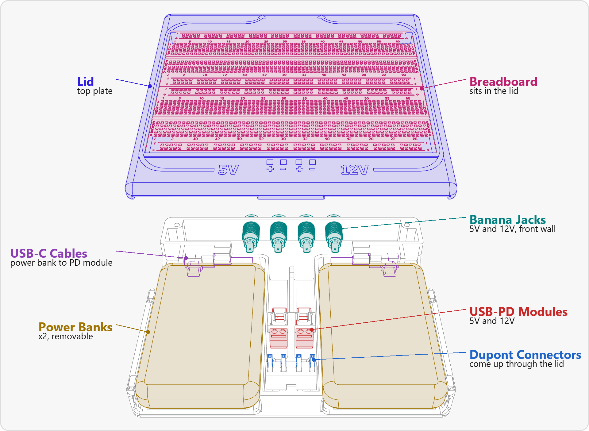 Layout of the Battery Breadboard with the lid lifted off: two power banks in the battery bays, USB-C cables to the USB-PD modules in the center channel, Dupont connectors that come up through the lid, banana jacks in the front wall, and the breadboard in the lid