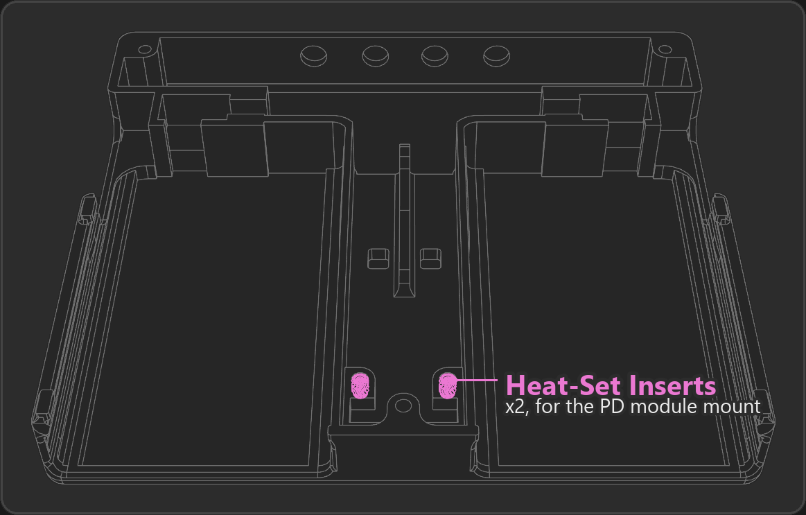 Two heat-set inserts highlighted in the base, where the PD module mount bolts down