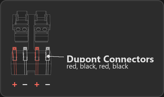 The four Dupont connectors in the PD module mount, left to right: red (+), black (−), red (+), black (−)
