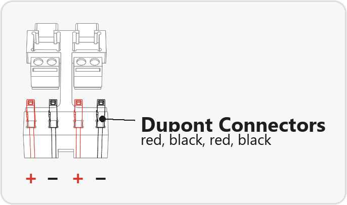 The four Dupont connectors in the PD module mount, left to right: red (+), black (−), red (+), black (−)