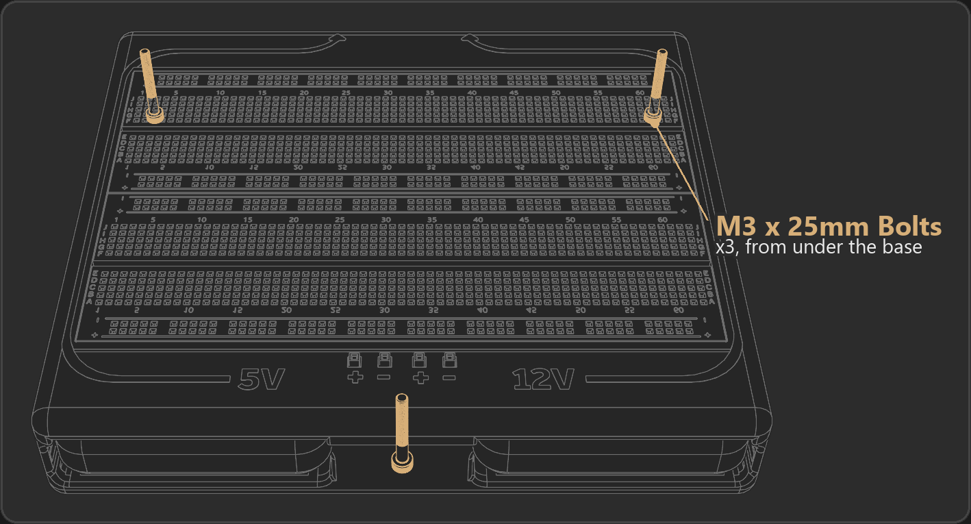 Three M3 x 25mm bolts highlighted, joining the base to the lid