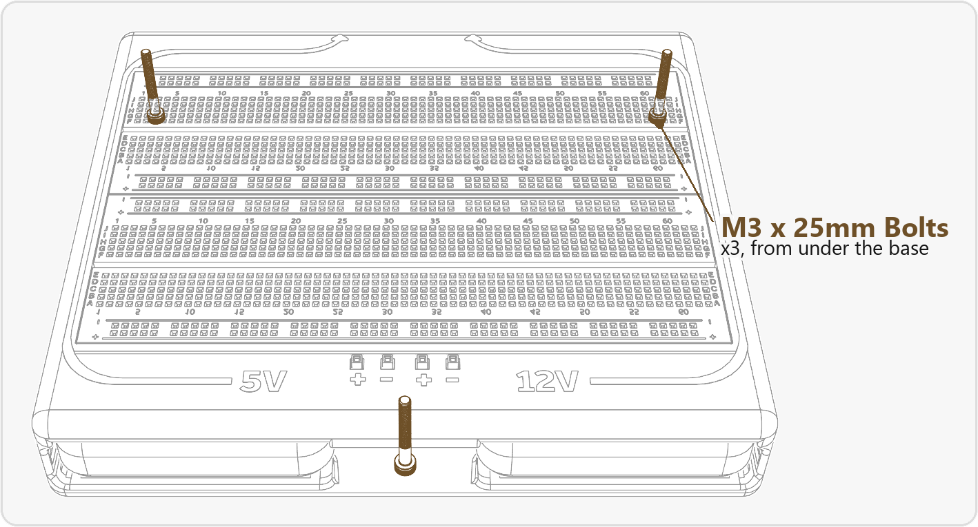 Three M3 x 25mm bolts highlighted, joining the base to the lid