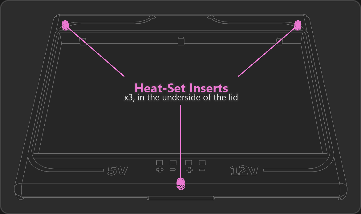 Three heat-set inserts highlighted in the underside of the lid