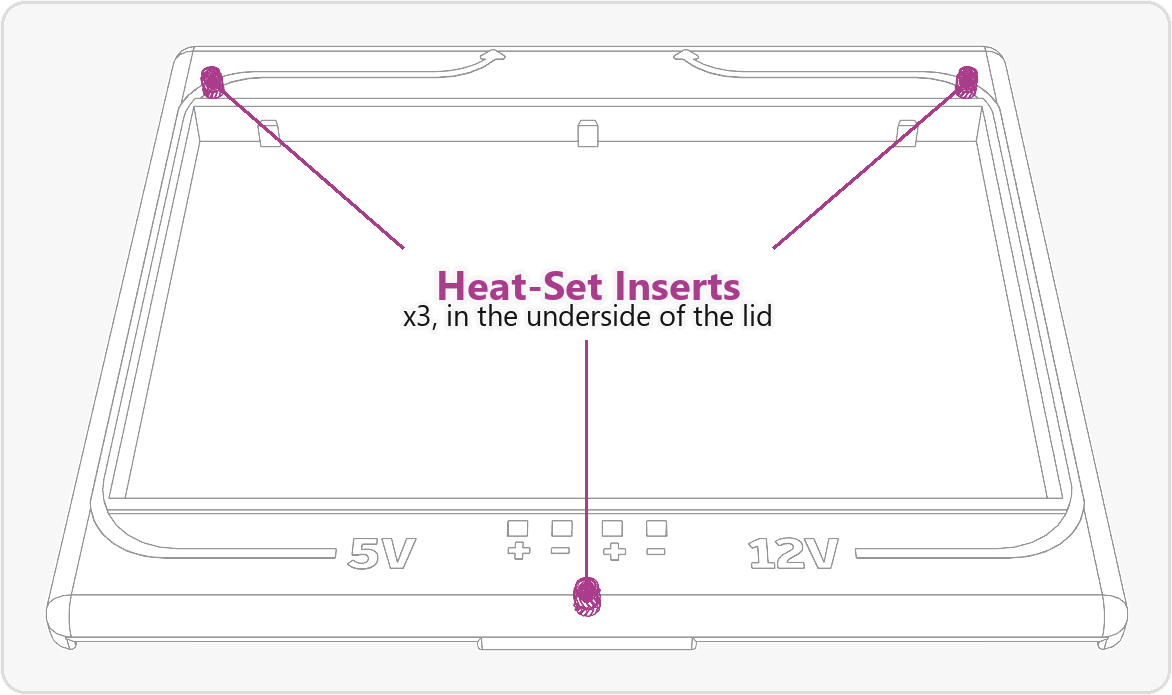 Three heat-set inserts highlighted in the underside of the lid