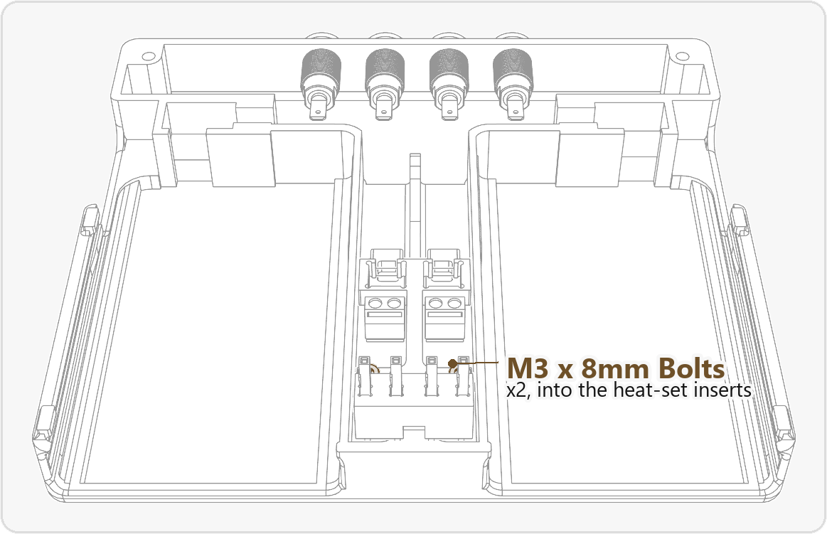 Two M3 x 8mm bolts highlighted, holding the PD module assembly to the base