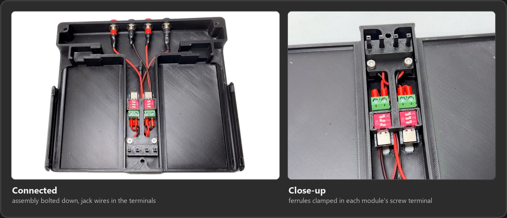 Left: the base with the PD module assembly bolted into the center channel and the banana jack wires running to it. Right: a close-up of the ferrules clamped into each module's screw terminal
