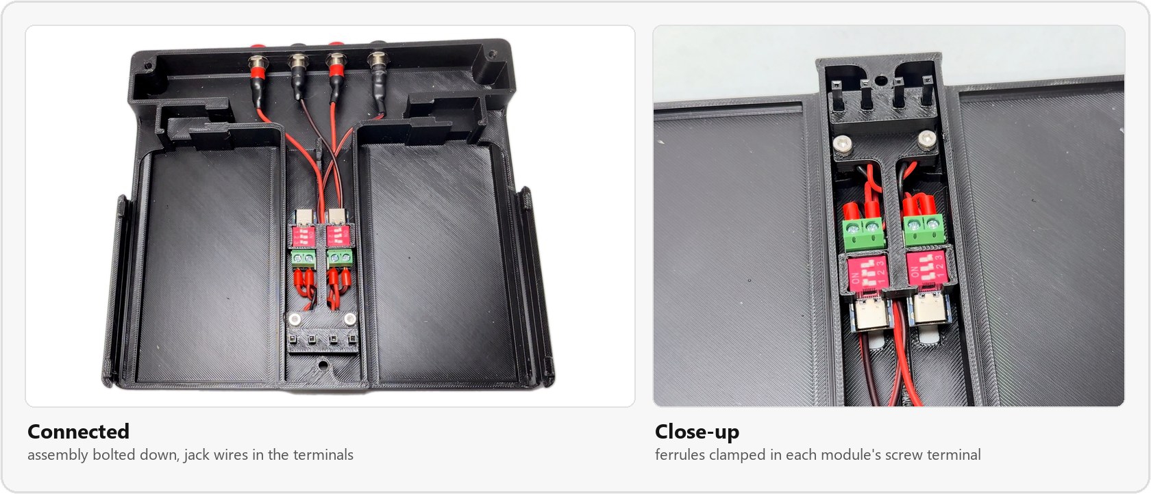 Left: the base with the PD module assembly bolted into the center channel and the banana jack wires running to it. Right: a close-up of the ferrules clamped into each module's screw terminal