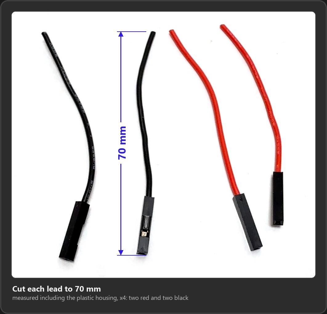 Four female Dupont leads, two black and two red, each cut to 70 mm including the plastic housing