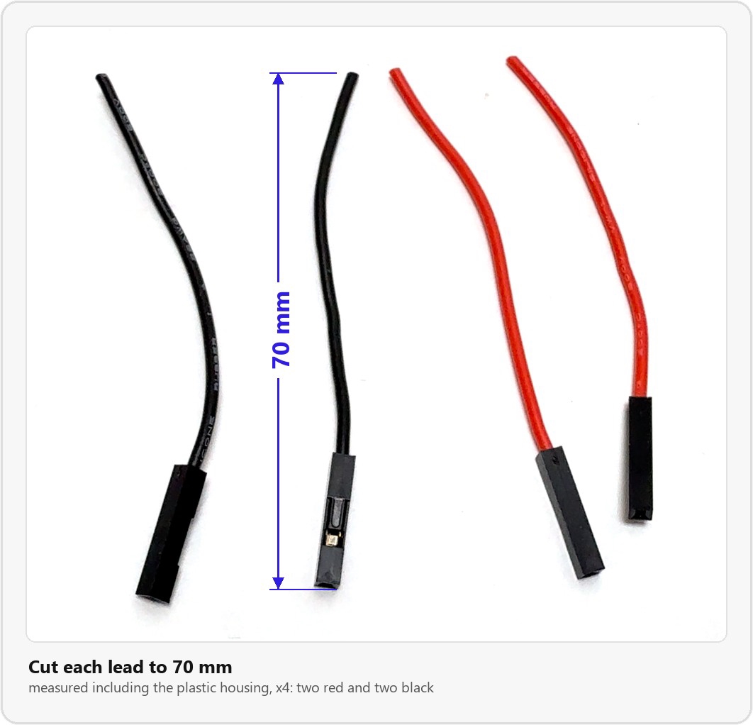 Four female Dupont leads, two black and two red, each cut to 70 mm including the plastic housing