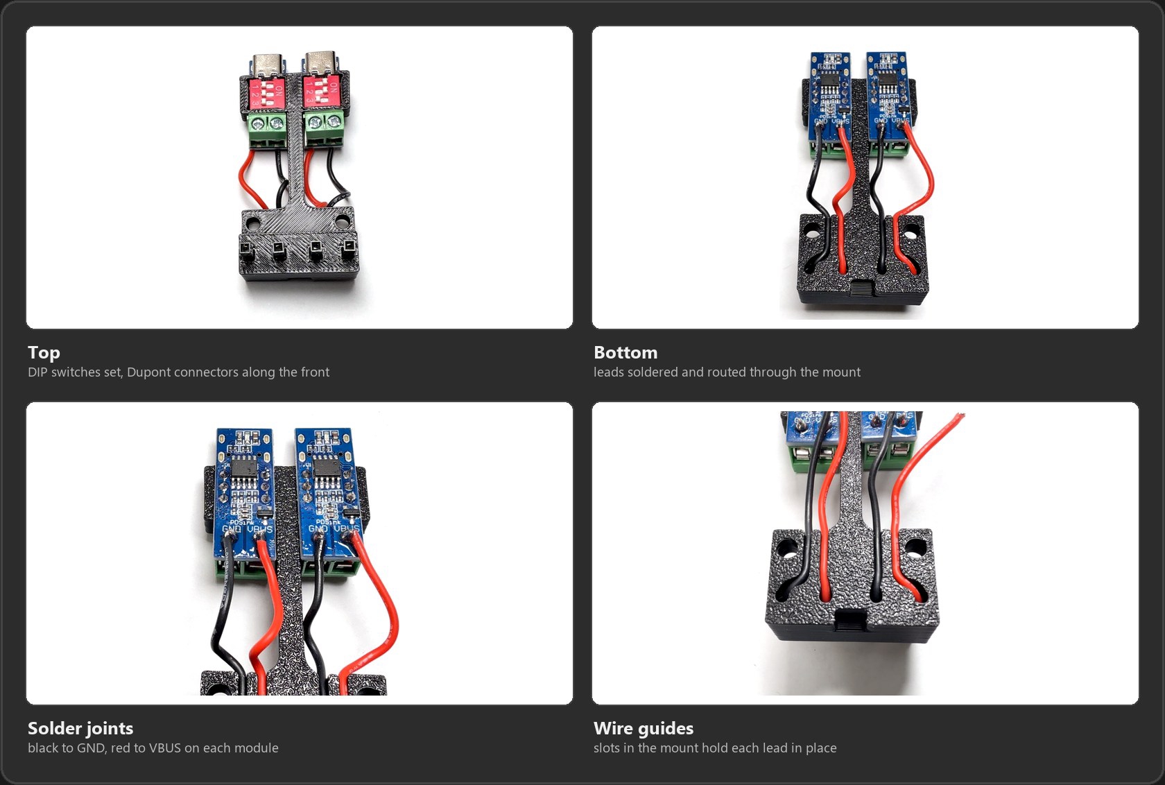 The finished PD module assembly. Top: DIP switches set and the Dupont connectors along the front. Bottom: the leads soldered black to GND and red to VBUS on each module, routed through slots in the mount.