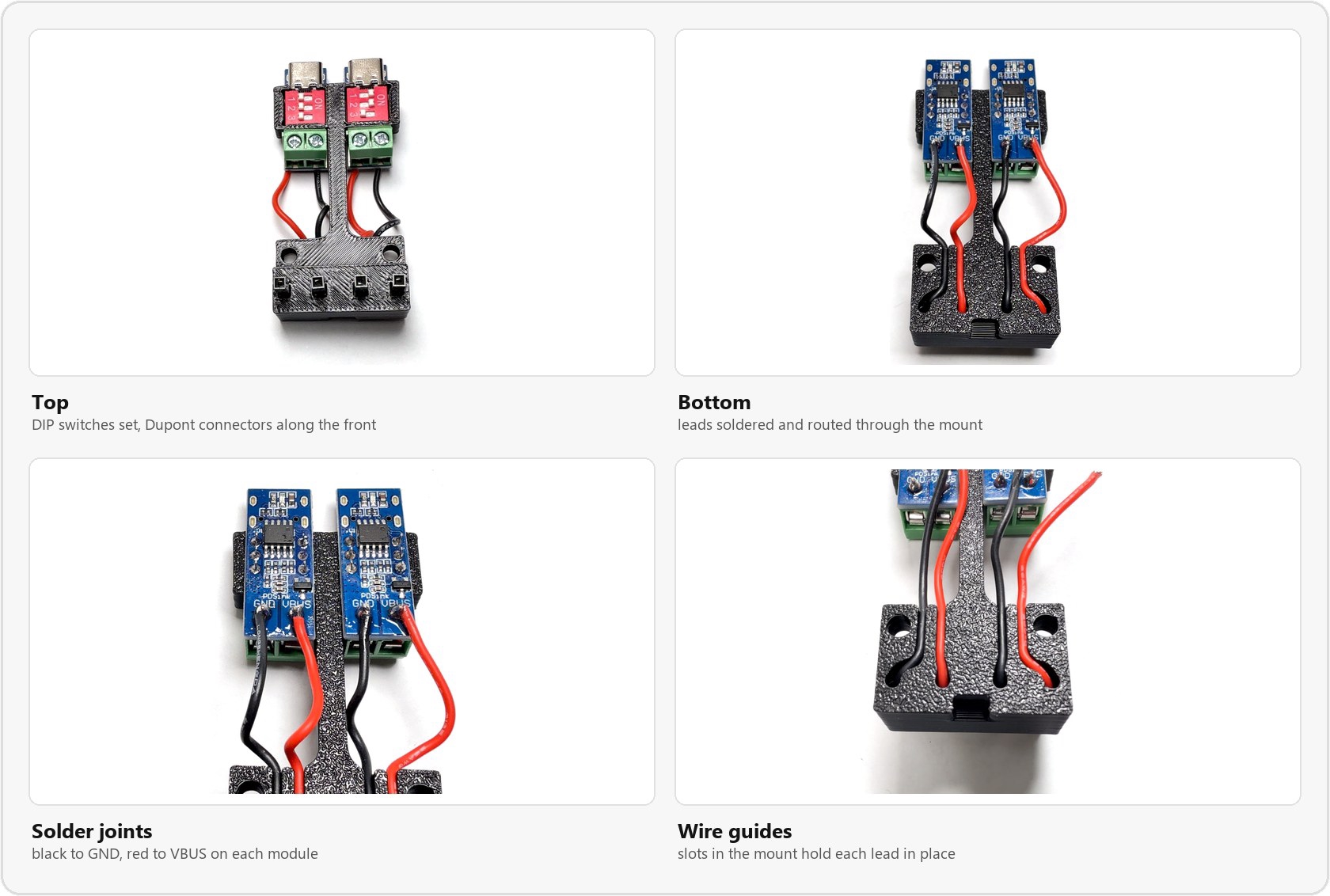 The finished PD module assembly. Top: DIP switches set and the Dupont connectors along the front. Bottom: the leads soldered black to GND and red to VBUS on each module, routed through slots in the mount.