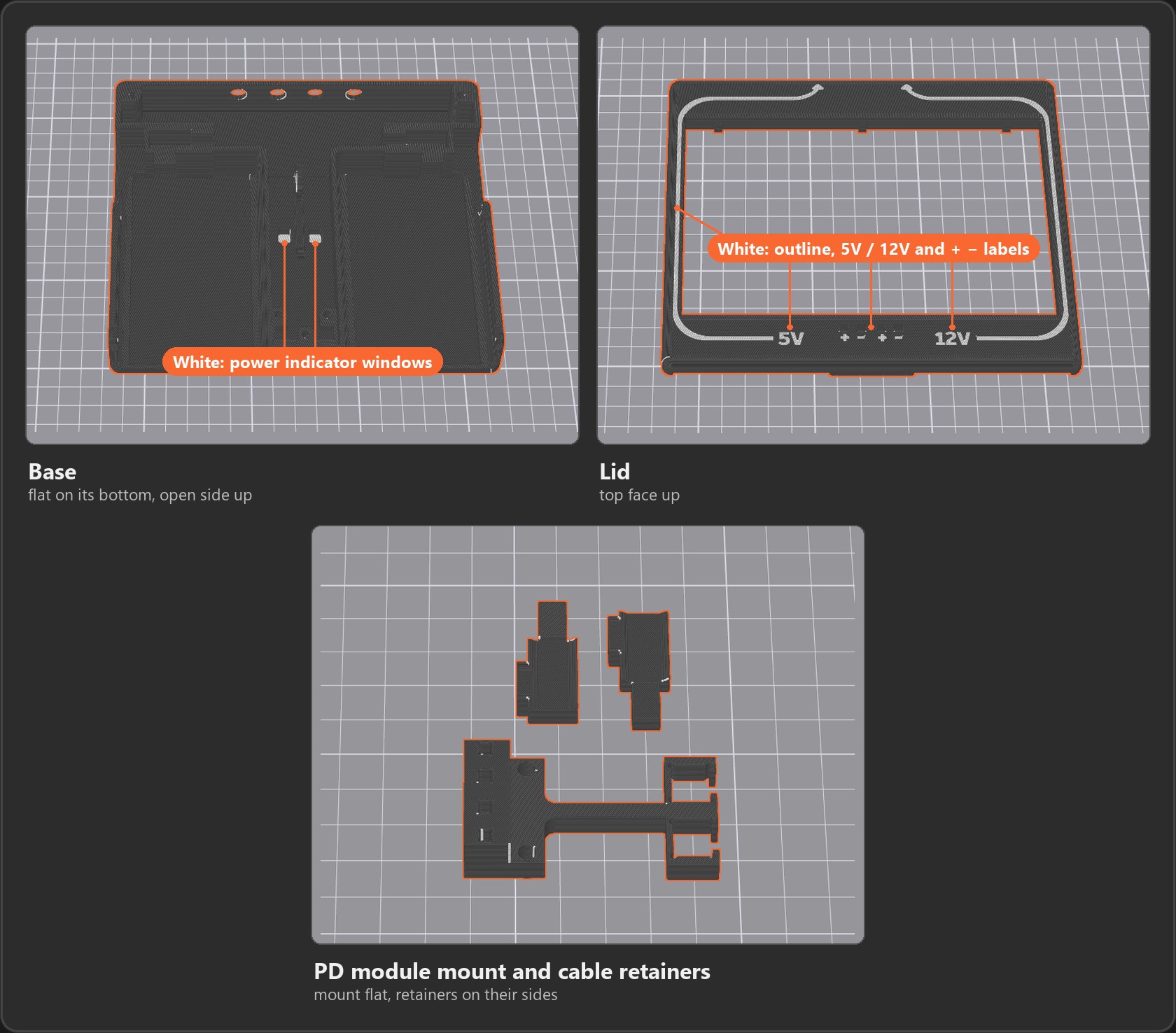 Print orientation in the slicer: the base flat on its bottom with the open side up, the lid top face up, and the PD module mount flat with the two cable retainers on their sides