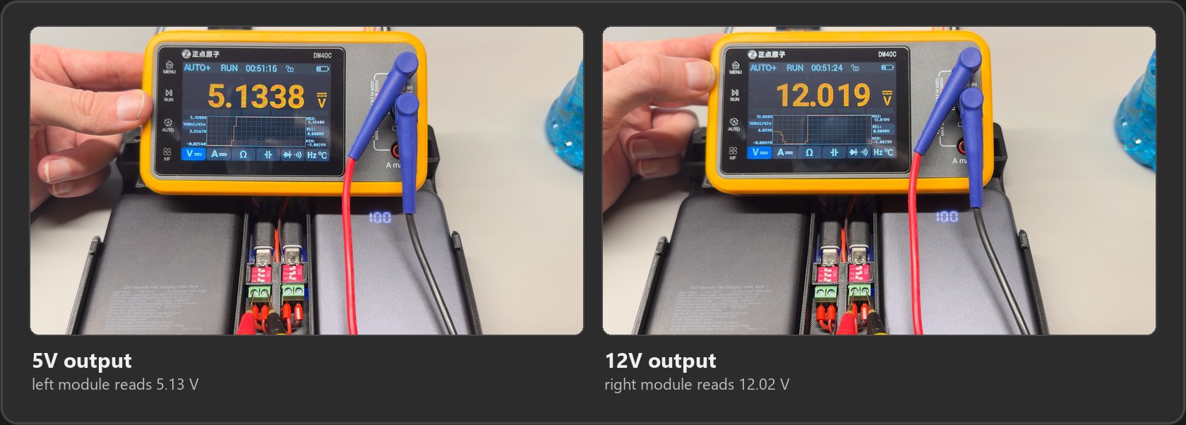 Testing with a multimeter on the screw terminals: the left module reads 5.13 V and the right module reads 12.02 V