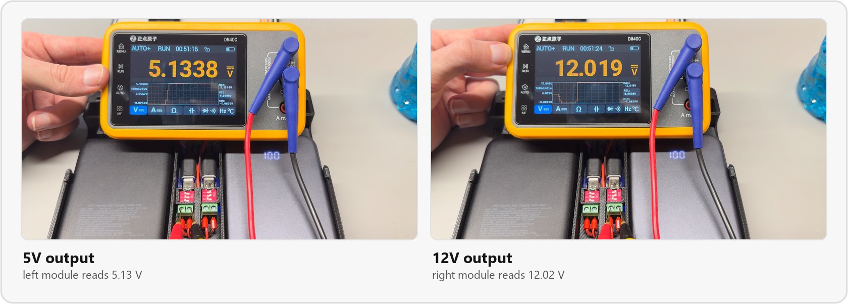 Testing with a multimeter on the screw terminals: the left module reads 5.13 V and the right module reads 12.02 V