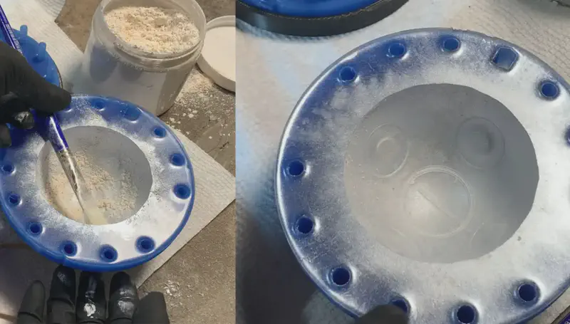 Application of silver mica powder to silicone mold for metallic finish