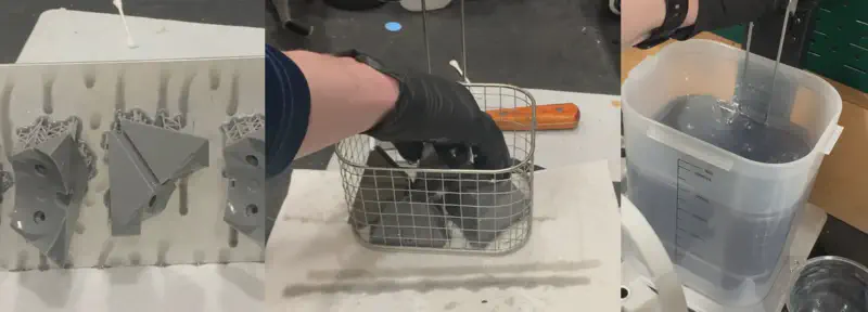 SLA printed parts being cleaned in isopropyl alcohol wash station